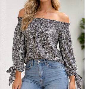 Michael Kors Leopard Print Off Shoulder Blouse Smocked Neck Tie Sleeve Top